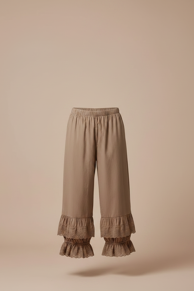 Pantalon Fluide Marron Ample Brodé Dentelle Coton - vue 3