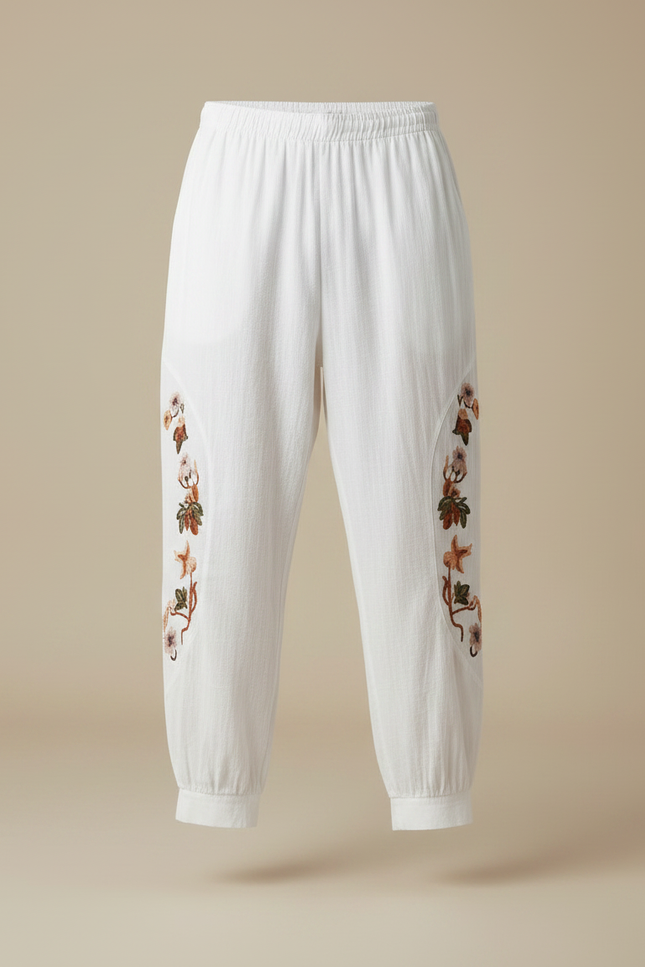 Pantalon Fluide Blanc Brodé Ample Coton Homme - Lin - vue 3