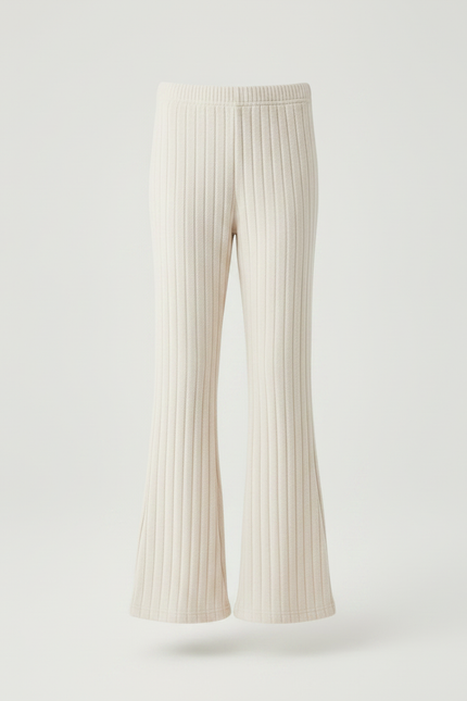 Pantalon Fluide Écru Côtelé Évasé Confortable Fille - Beige Maille - vue 3