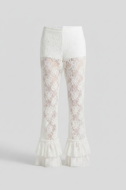 Pantalon Fluide Blanc Dentelle Floral Évasé Volants Transparent - Polyester - vue 2
