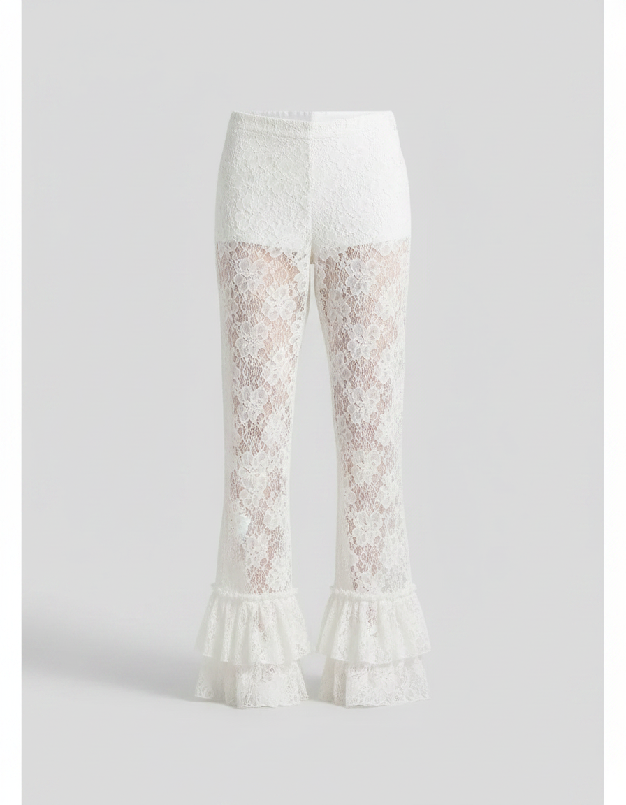 Pantalon Fluide Blanc Dentelle Floral Évasé Volants Transparent - Polyester - vue 2