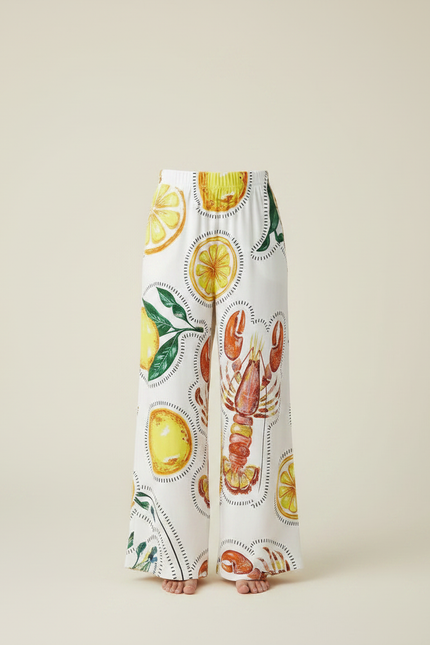 Pantalon Fluide Blanc Imprimé Citrons Homard Ample - Satin - vue 3