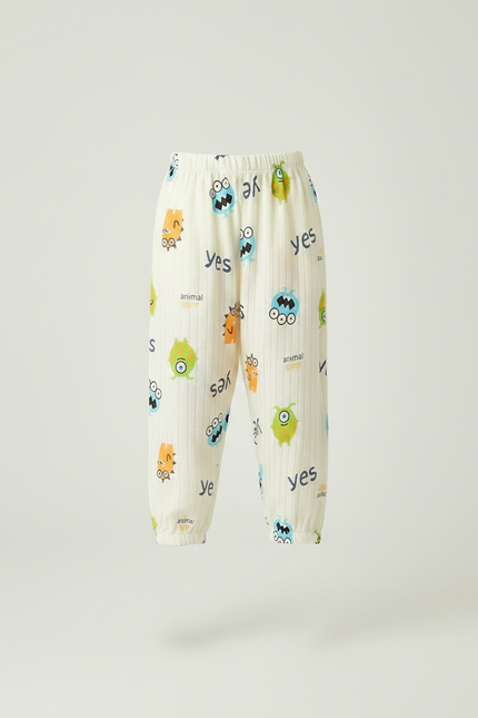 Pantalon Fluide Écru Rayé Imprimé Monstres Coton Ample - vue 3