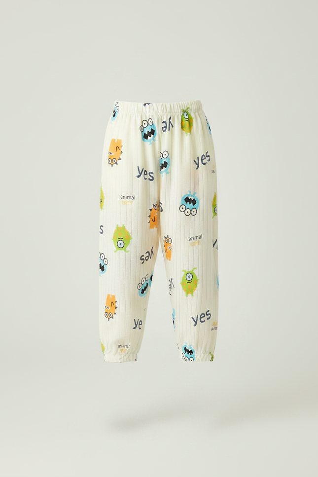 Pantalon Fluide Écru Rayé Imprimé Monstres Coton Ample - vue 3