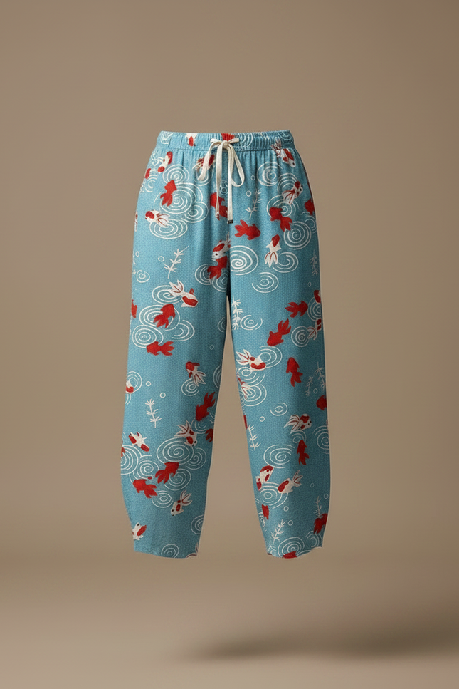 Pantalon Fluide Bleu Ciel Imprimé Poissons Ample Décontracté - Viscose - vue 3