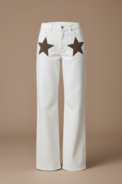 Pantalon Fluide Blanc Étoiles Marron Large Décontracté Femme - Jean - vue 3