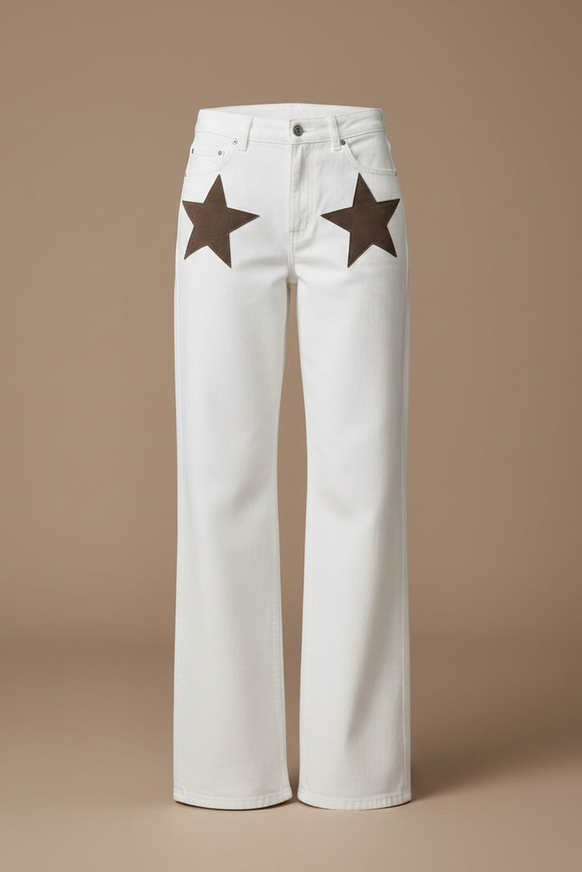 Pantalon Fluide Blanc Étoiles Marron Large Décontracté Femme - Jean - vue 3