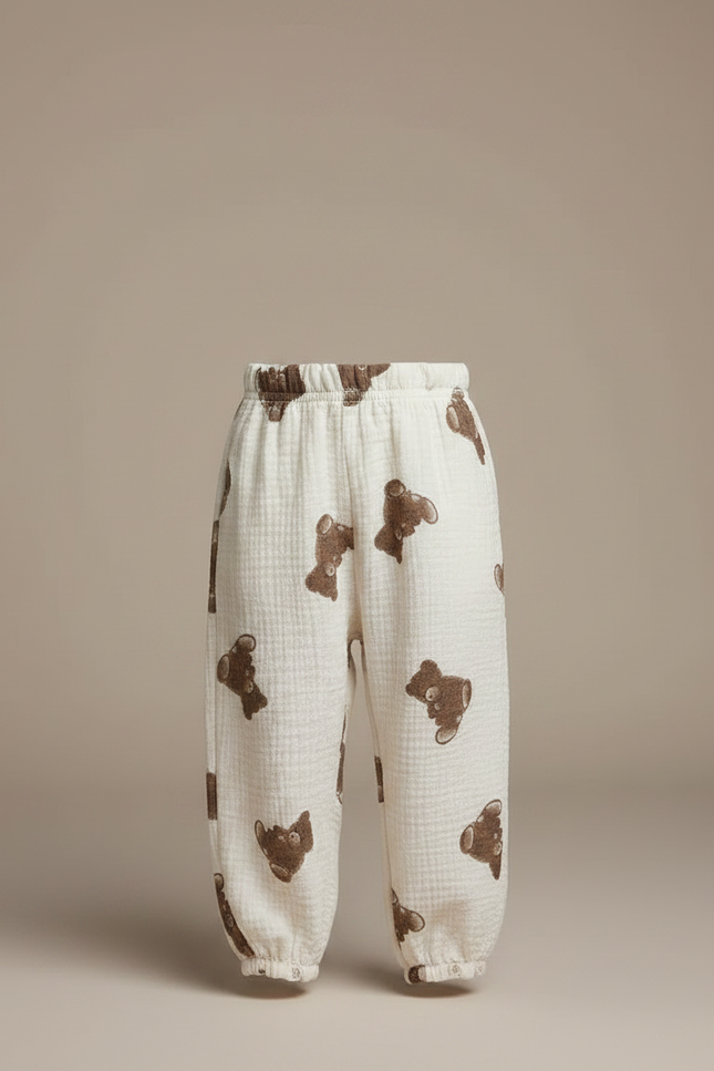 Pantalon Fluide Écru Ample Coton Motif Oursons - Beige - vue 3