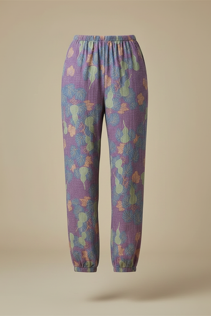Pantalon Fluide Violet Ample Coton Imprimé Feuille Femme - vue 3