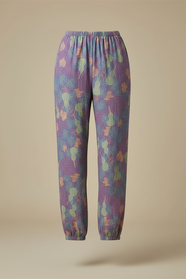 Pantalon Fluide Violet Ample Coton Imprimé Feuille Femme - vue 3