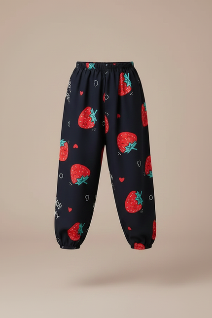 Pantalon Fluide Noir Ample Imprimé Fraises Enfant - Viscose - vue 3