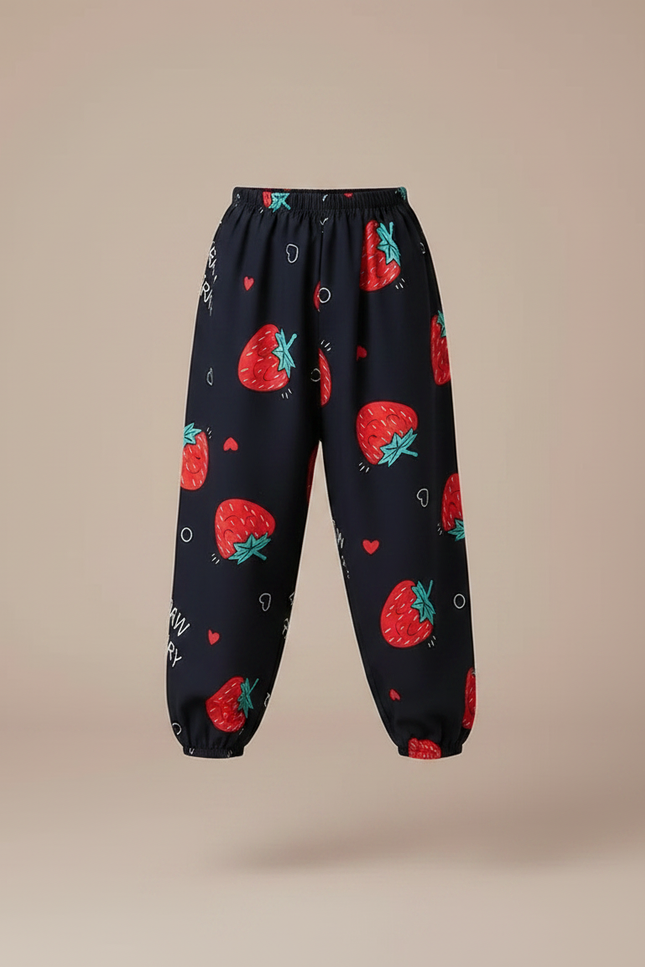 Pantalon Fluide Noir Ample Imprimé Fraises Enfant - Viscose - vue 3