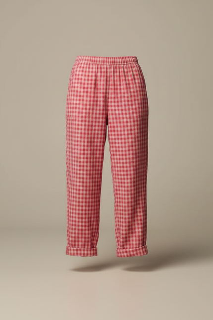 Pantalon Fluide Carreaux Vichy Rose Ample Décontracté Coton - vue 3