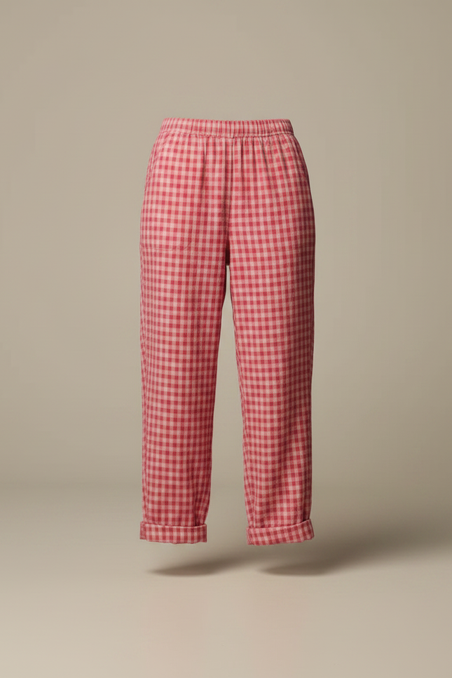 Pantalon Fluide Carreaux Vichy Rose Ample Décontracté Coton - vue 3