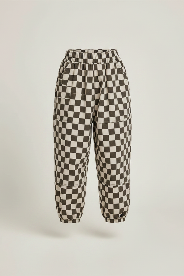 Pantalon Fluide Carreaux Marron Écru Ample Enfants Garçons Filles - Multicolore Molleton - vue 3