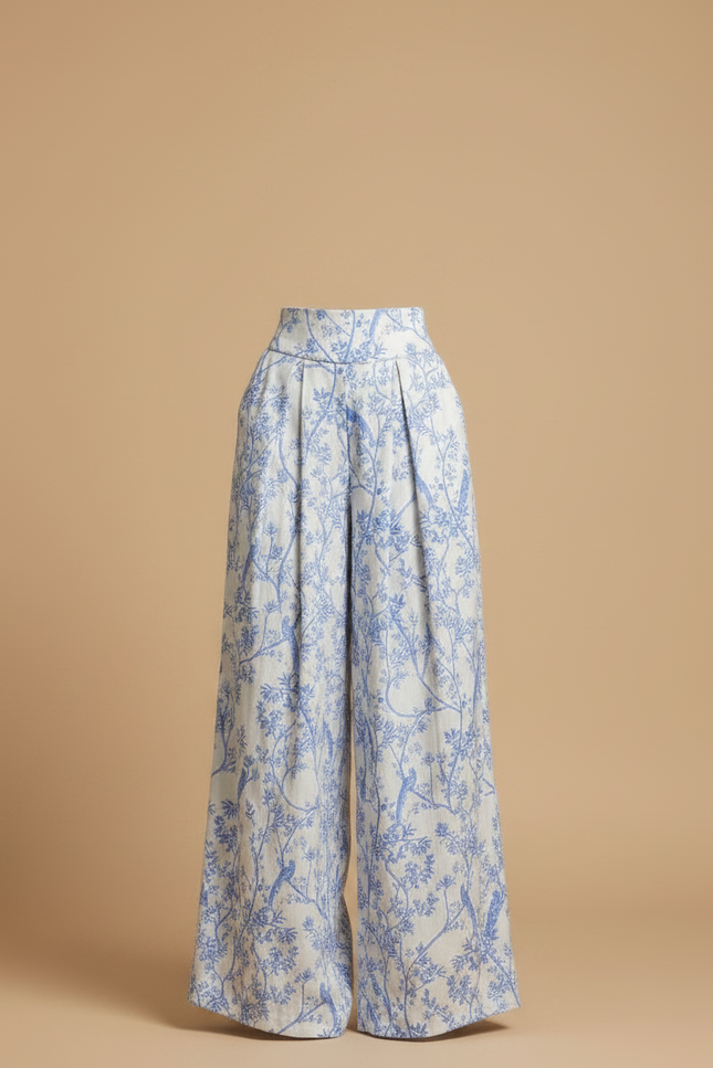 Pantalon Fluide Blanc Bleu Imprimé Floral Ample - Lin - vue 3