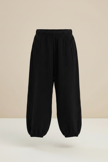 Pantalon Fluide Noir Ample Gaze Coton Unisexe - vue 3