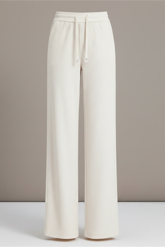 Pantalon Fluide Crème Ample Côtelé Taille Haute Décontracté - Beige Cordé - vue 3