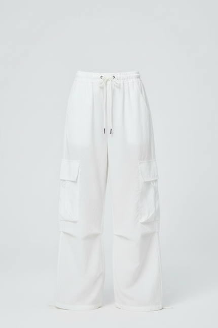 Pantalon Fluide Blanc Ample Cargo Cordon Fille - Polyester - vue 3