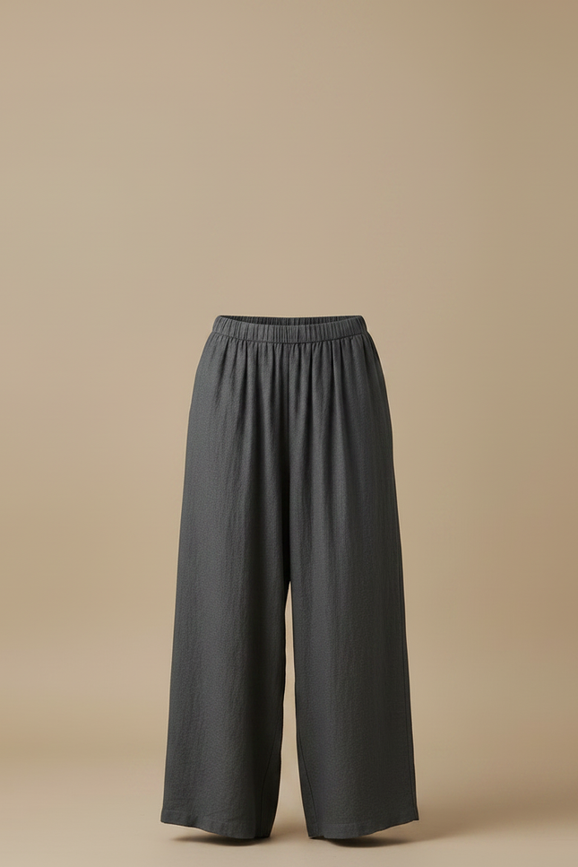 Pantalon Fluide Gris Ample Coton Lin Décontracté Femme - vue 3