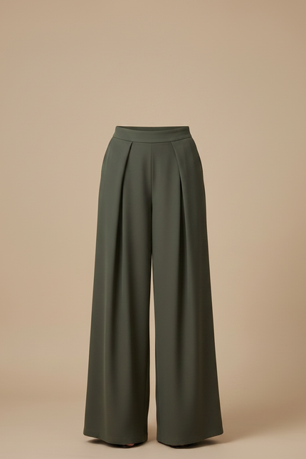 Pantalon Fluide Plissé Vert - Kaki Polyester - vue 3