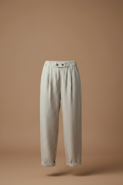 Pantalon Fluide Écru Ample Plissé Taille Haute Femme - Beige Lin - vue 3