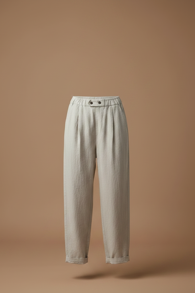 Pantalon Fluide Écru Ample Plissé Taille Haute Femme - Beige Lin - vue 3