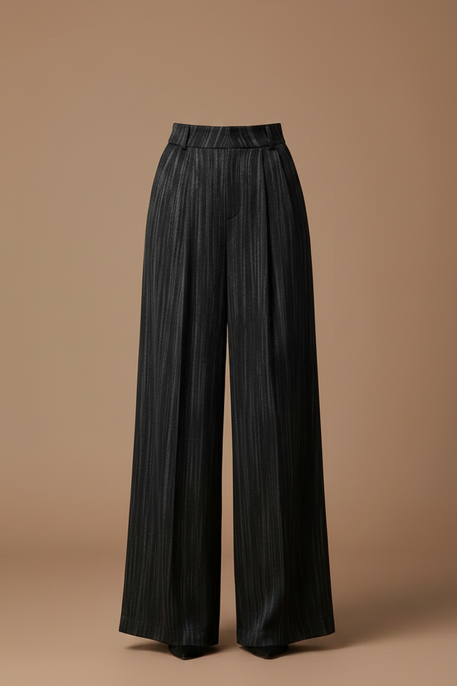 Pantalon Fluide Noir Rayé Large Taille Haute Élégant - Satin - vue 3