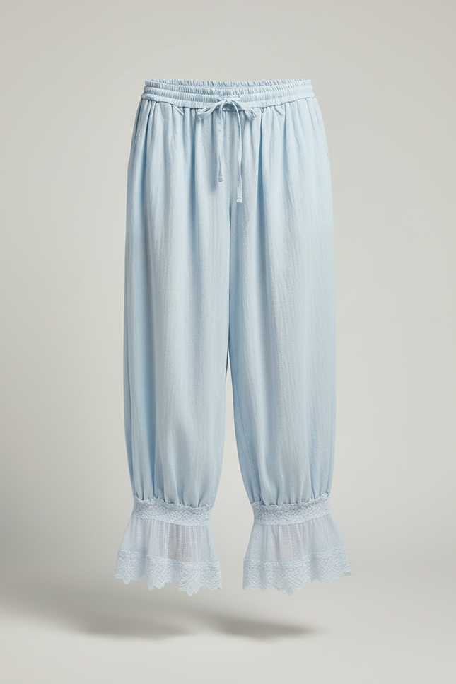 Pantalon Fluide Bleu Ciel Ample Dentelle Bohème Femme - Lin - vue 3