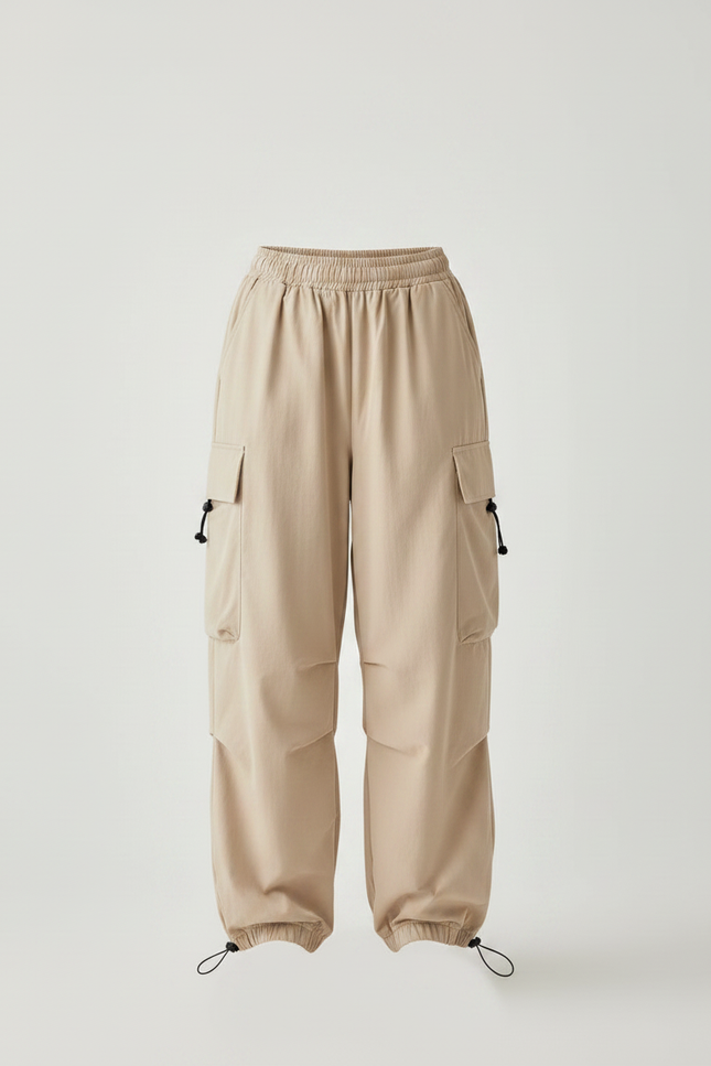Pantalon Fluide Cargo Beige Ample Décontracté Streetwear - Polyester - vue 2