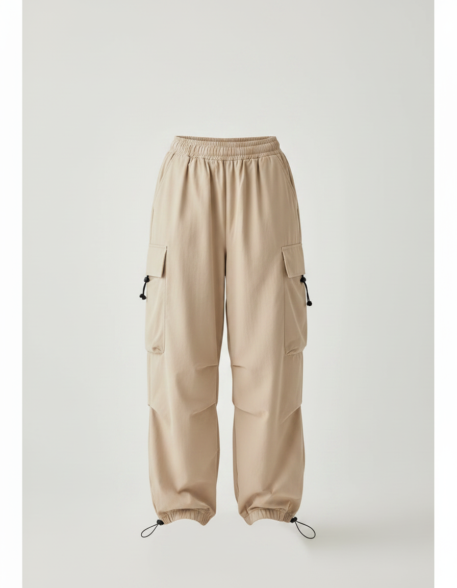 Pantalon Fluide Cargo Beige Ample Décontracté Streetwear - Polyester - vue 2