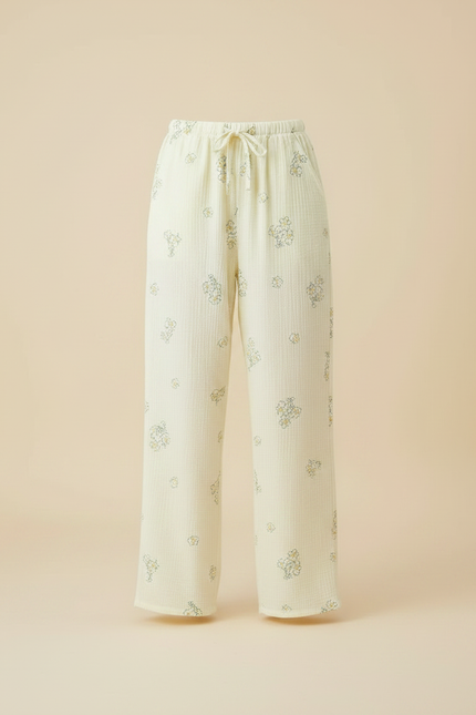 Pantalon Fluide Écru Fleuri Coton Ample Décontracté - Jaune - vue 3