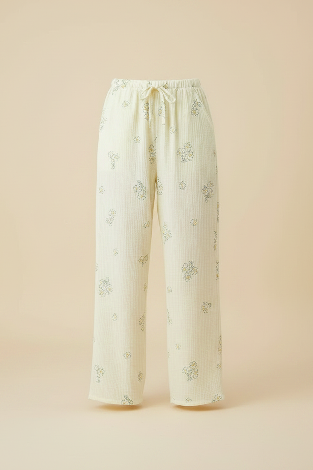 Pantalon Fluide Écru Fleuri Coton Ample Décontracté - Jaune - vue 3