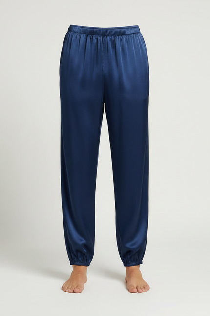 Pantalon Fluide Bleu Marine Satin Ample Élastique Homme - vue 3