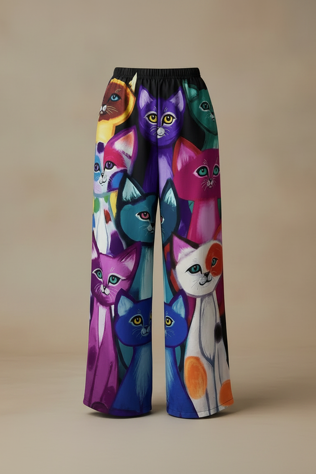 Pantalon Fluide Imprimé Chats Colorés Ample Décontracté - Multicolore Viscose - vue 3