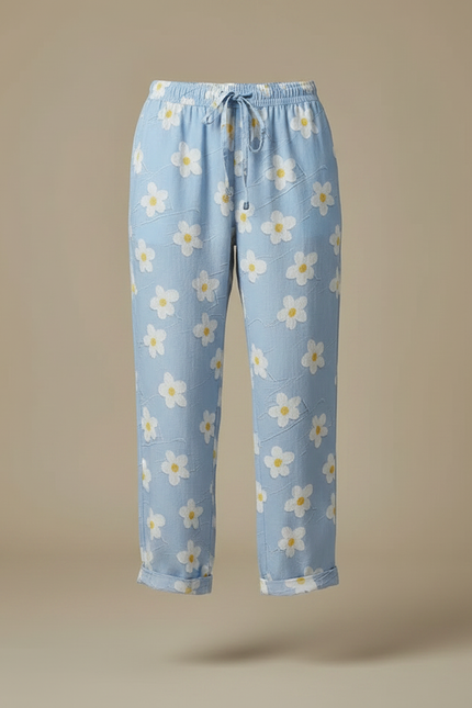 Pantalon Fluide Bleu Ciel Imprimé Fleurs Ample Décontracté - Viscose - vue 3