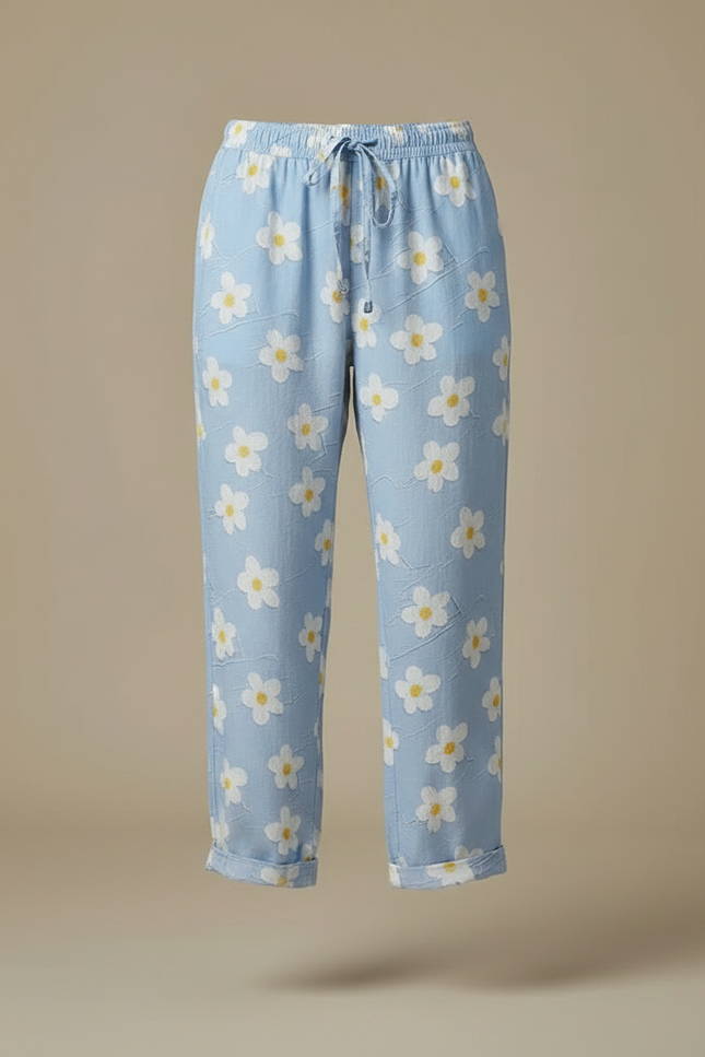 Pantalon Fluide Bleu Ciel Imprimé Fleurs Ample Décontracté - Viscose - vue 3