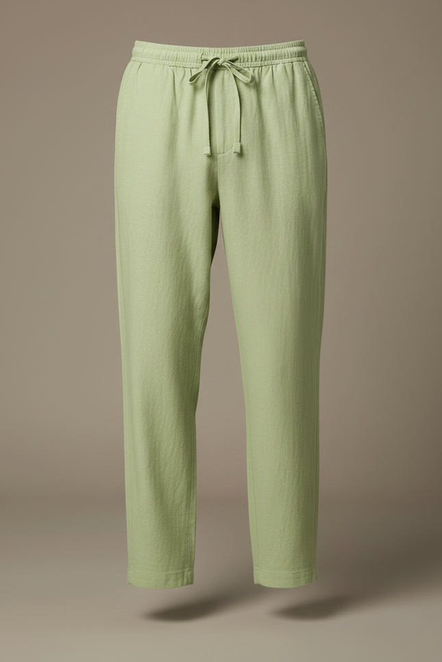 Pantalon Fluide Vert Lin Ample Cordon Décontracté Homme - vue 3