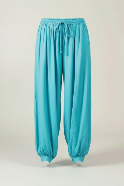 Pantalon Fluide Turquoise Ample Plissé Décontracté Femme - Bleu Viscose - vue 3