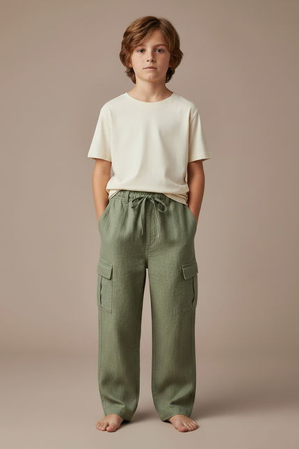 Pantalon Fluide Vert Kaki Cargo Lin Garçon - vue 3