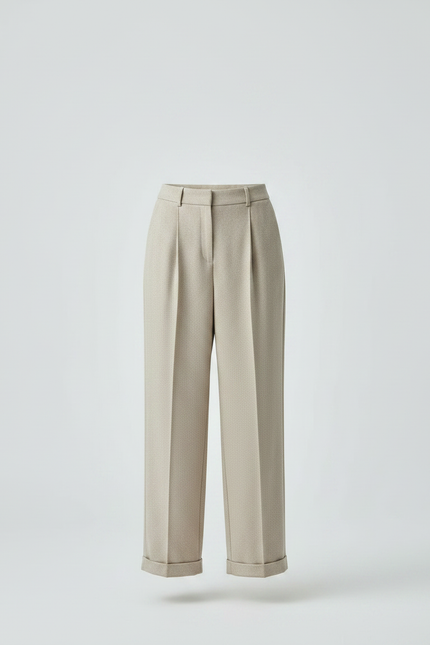 Pantalon Fluide Écru Taille Haute Plissé Large Élégant - Beige Laine - vue 3