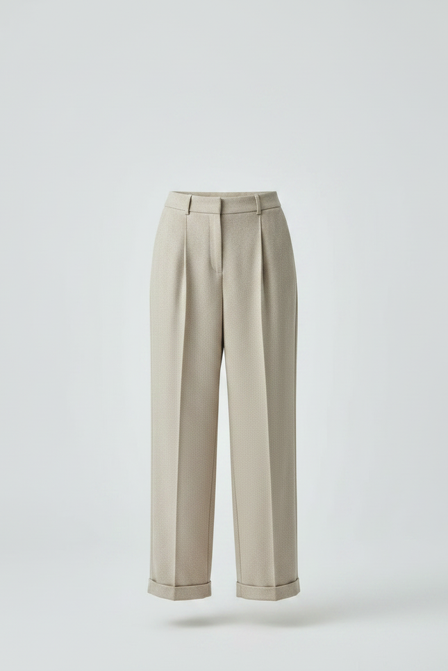 Pantalon Fluide Écru Taille Haute Plissé Large Élégant - Beige Laine - vue 3