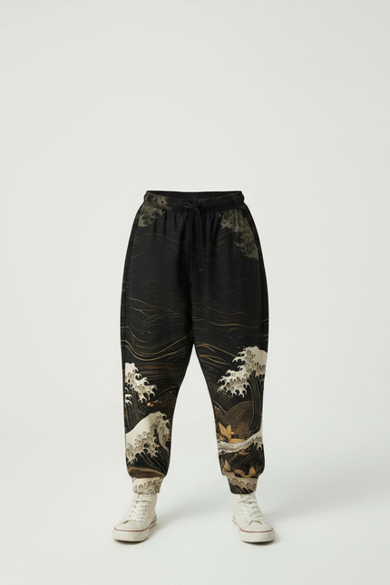 Pantalon Fluide Noir Ample Imprimé Vagues Japonaises - Viscose - vue 3