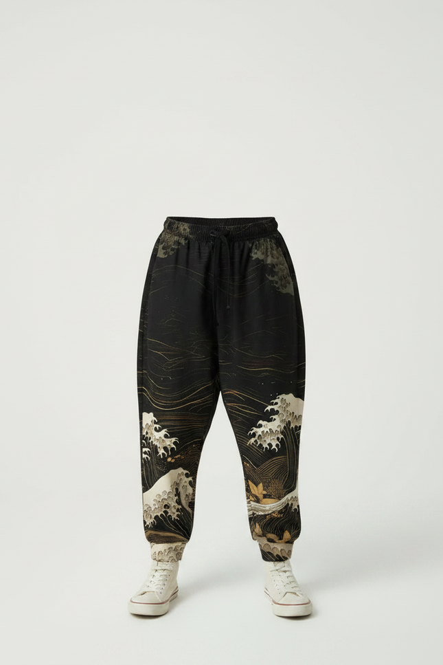 Pantalon Fluide Noir Ample Imprimé Vagues Japonaises - Viscose - vue 3
