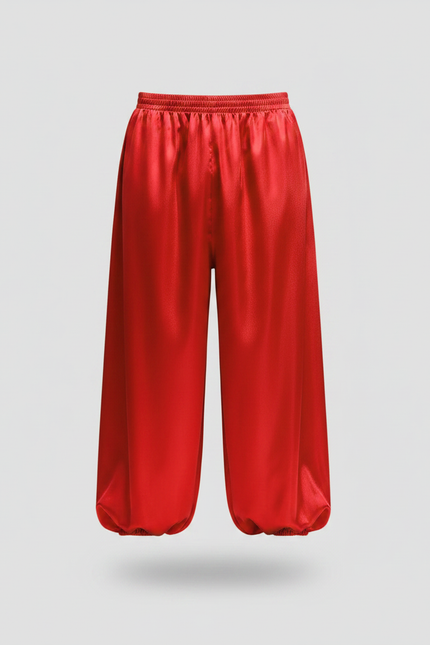 Pantalon Fluide Rouge Satiné Ample Élastique Scène - vue 2
