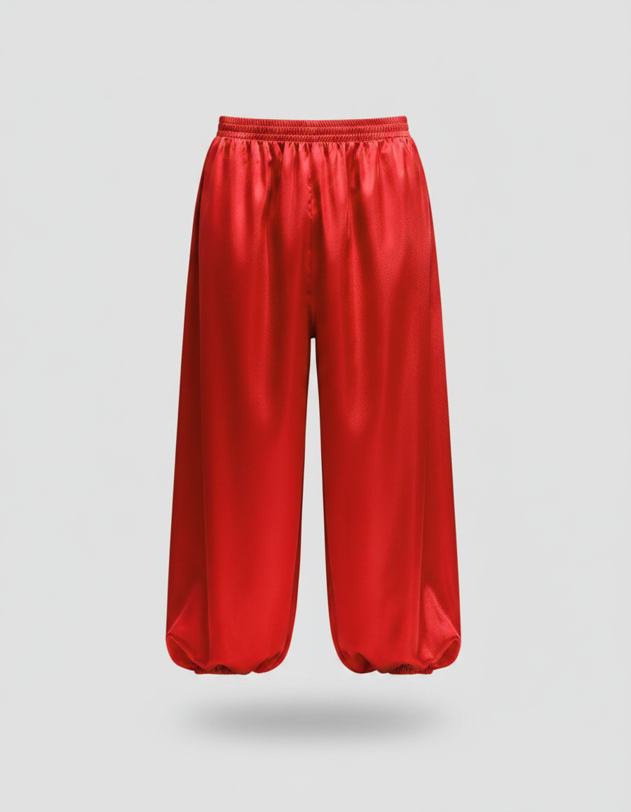 Pantalon Fluide Rouge Satiné Ample Élastique Scène - vue 2
