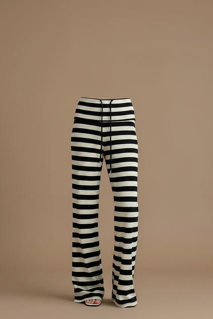 Pantalon Fluide Rayé Noir Évasé Taille Basse - Multicolore Maille - vue 3