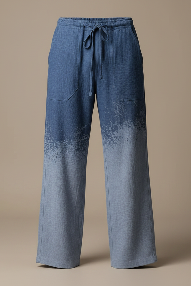 Pantalon Fluide Bleu Dégradé Ample Décontracté Cordon Homme - Lin - vue 3