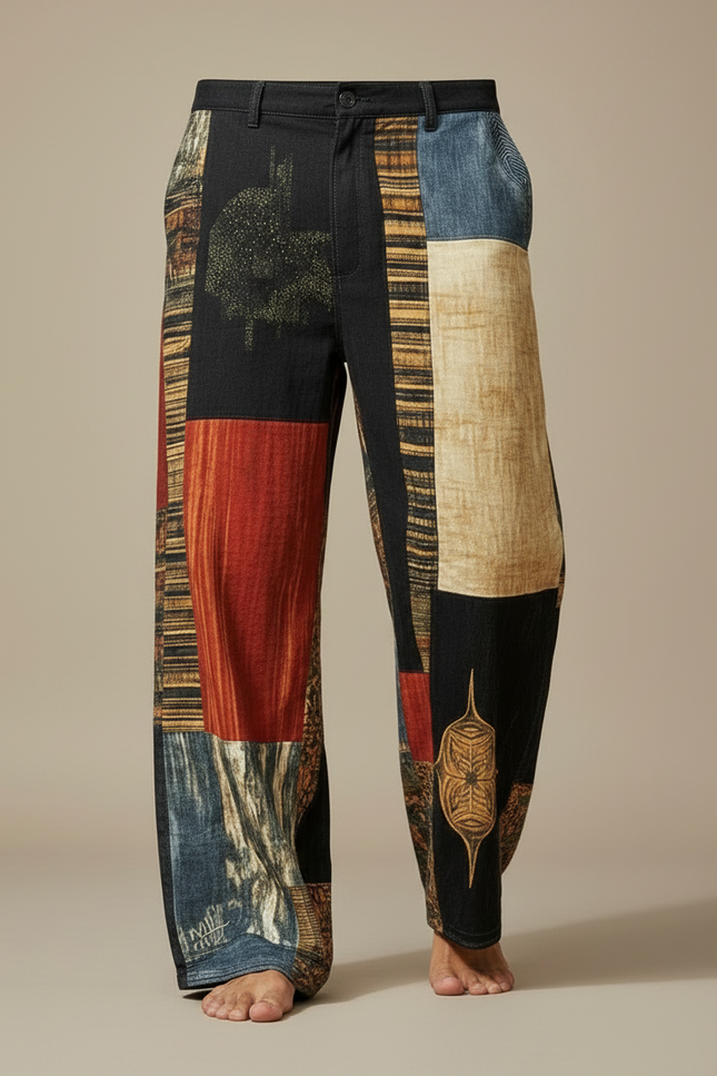 Pantalon Fluide Patchwork Ethnique Ample Imprimé Confortable - Multicolore Coton - vue 3