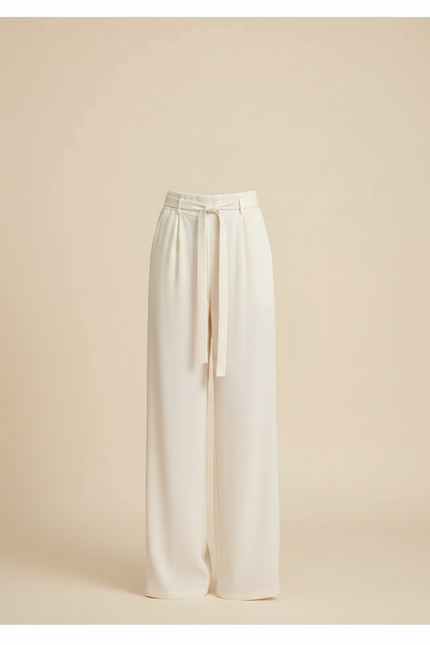 Pantalon Fluide Écru Ample Ceinturé Élégant Femme - Beige Viscose - vue 3